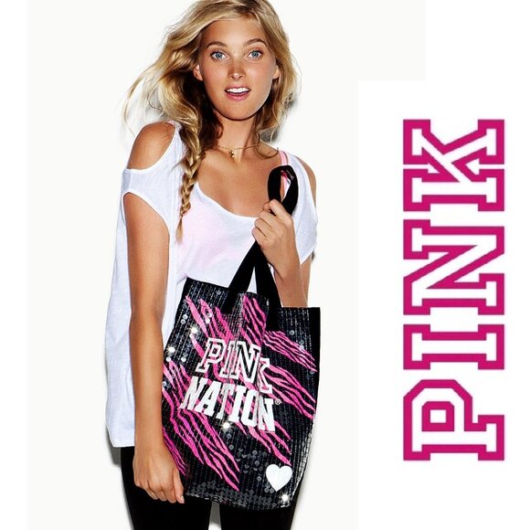 Victoria's Secret PINK | "PINK NATION" Black and Pink Zebra Sequin Tote Bag - Picture 1 of 10